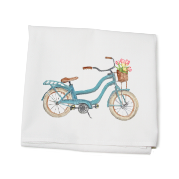 light blue beach bike with tulips flour sack towel