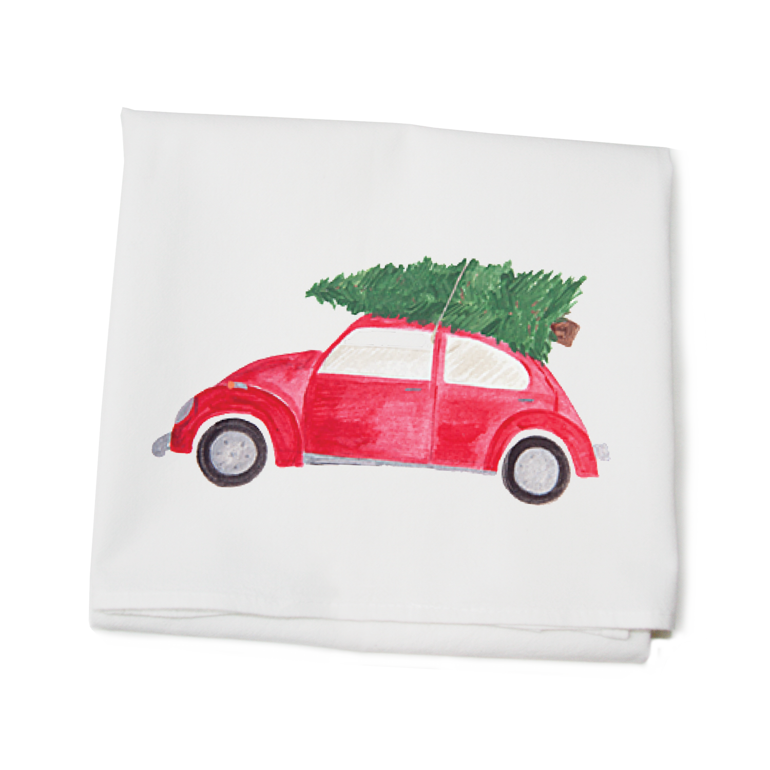 red vw with tree flour sack towel