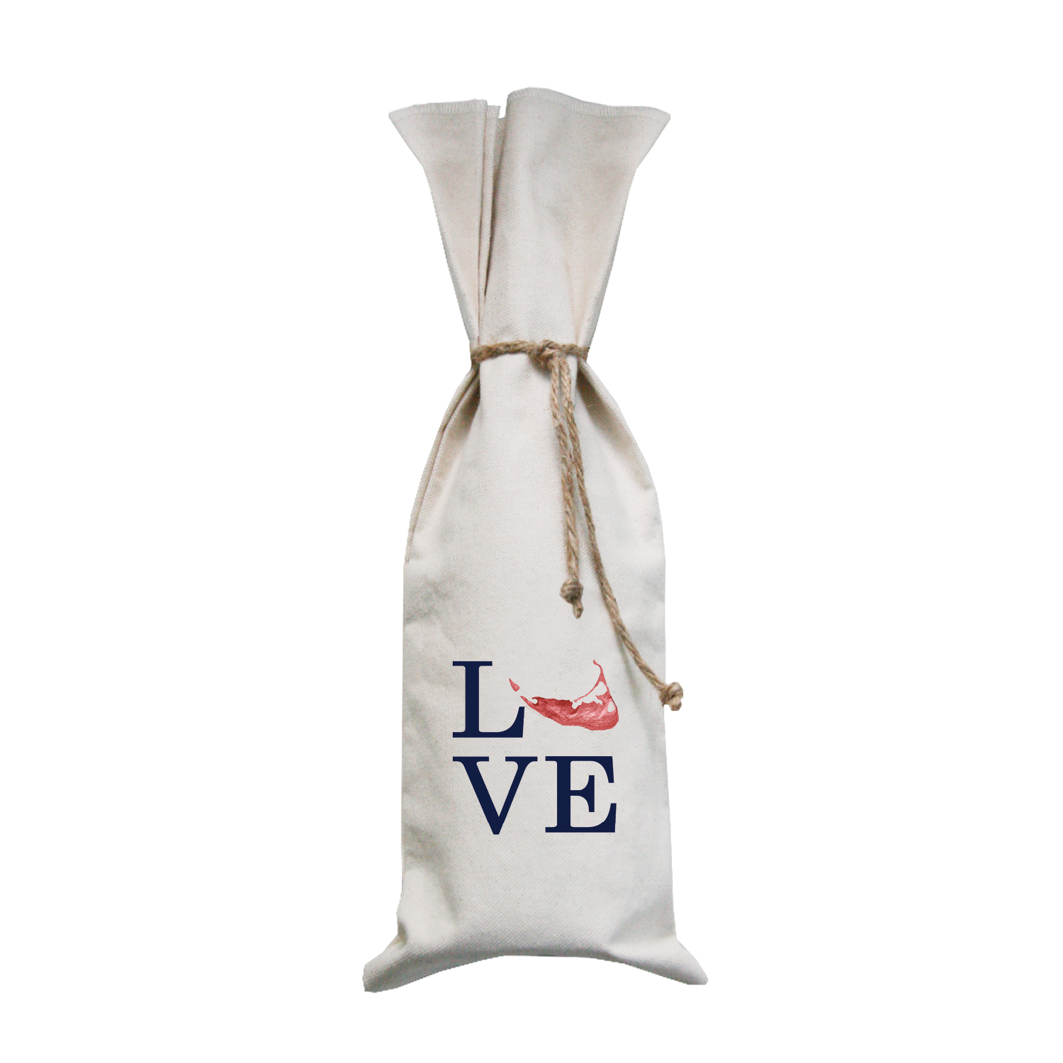 love nantucket island navy text with red island wine bag