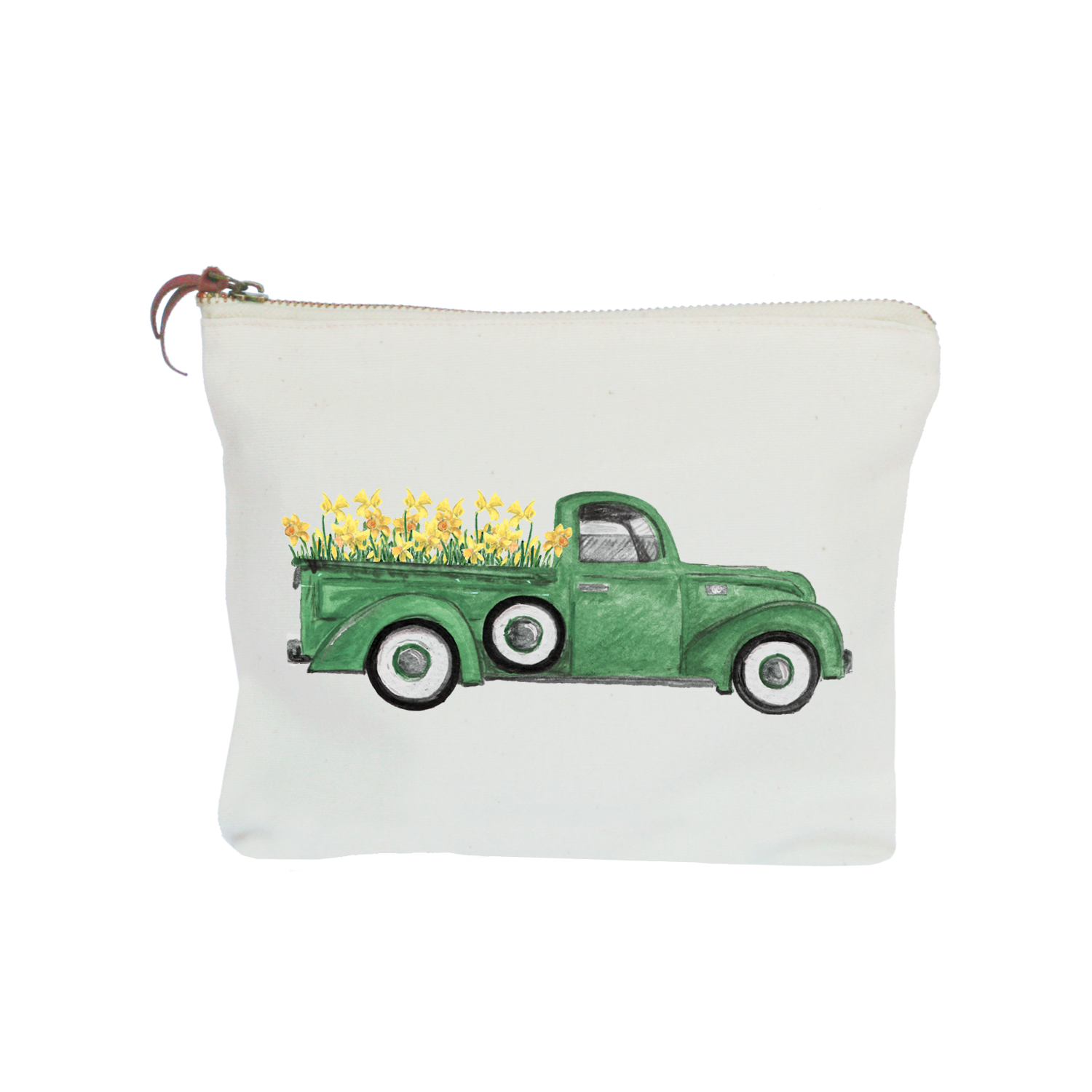 green truck with daffodils zipper pouch