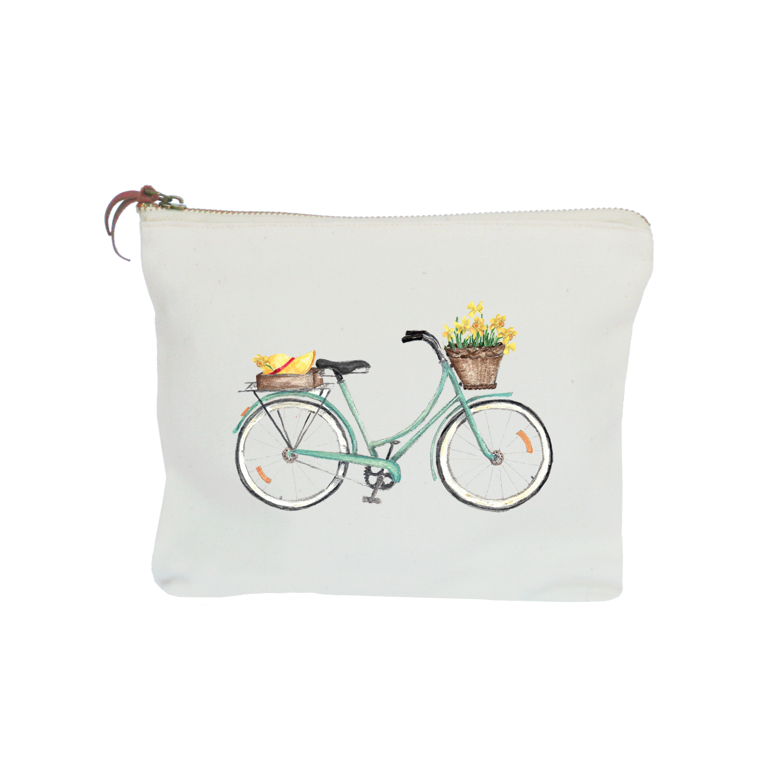 seafoam bike with daffodils and straw hat zipper pouch