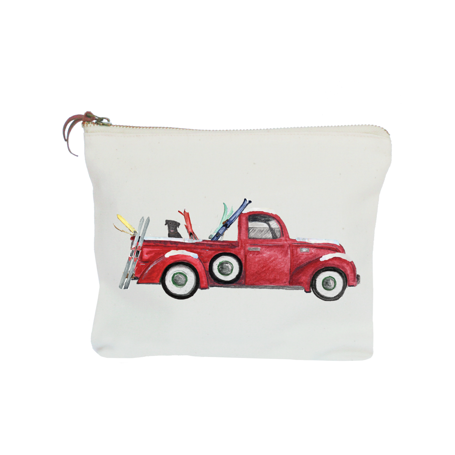 red truck with skis zipper pouch