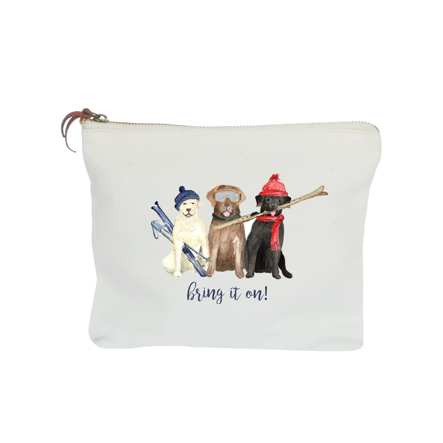 three labs skiing bring it on zipper pouch