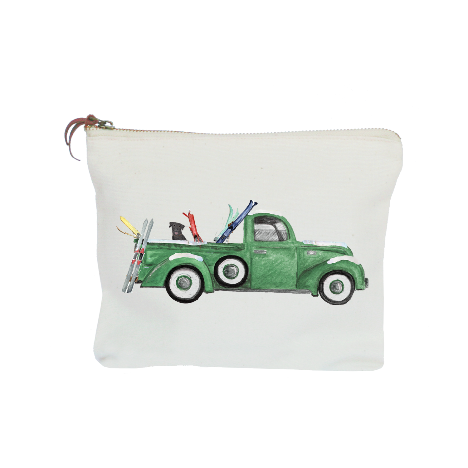 green truck with skis and lab zipper pouch