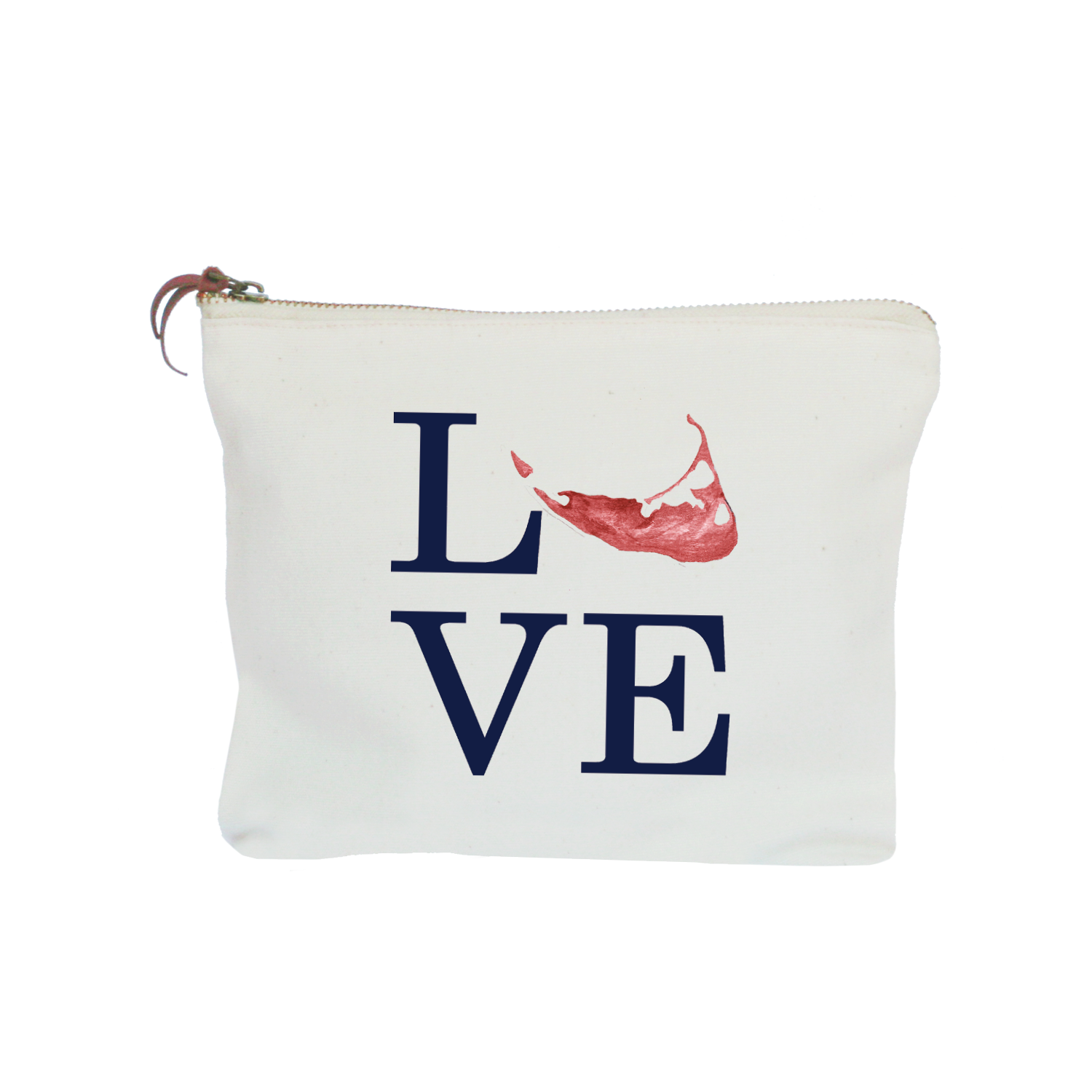 love nantucket island navy text with red island zipper pouch