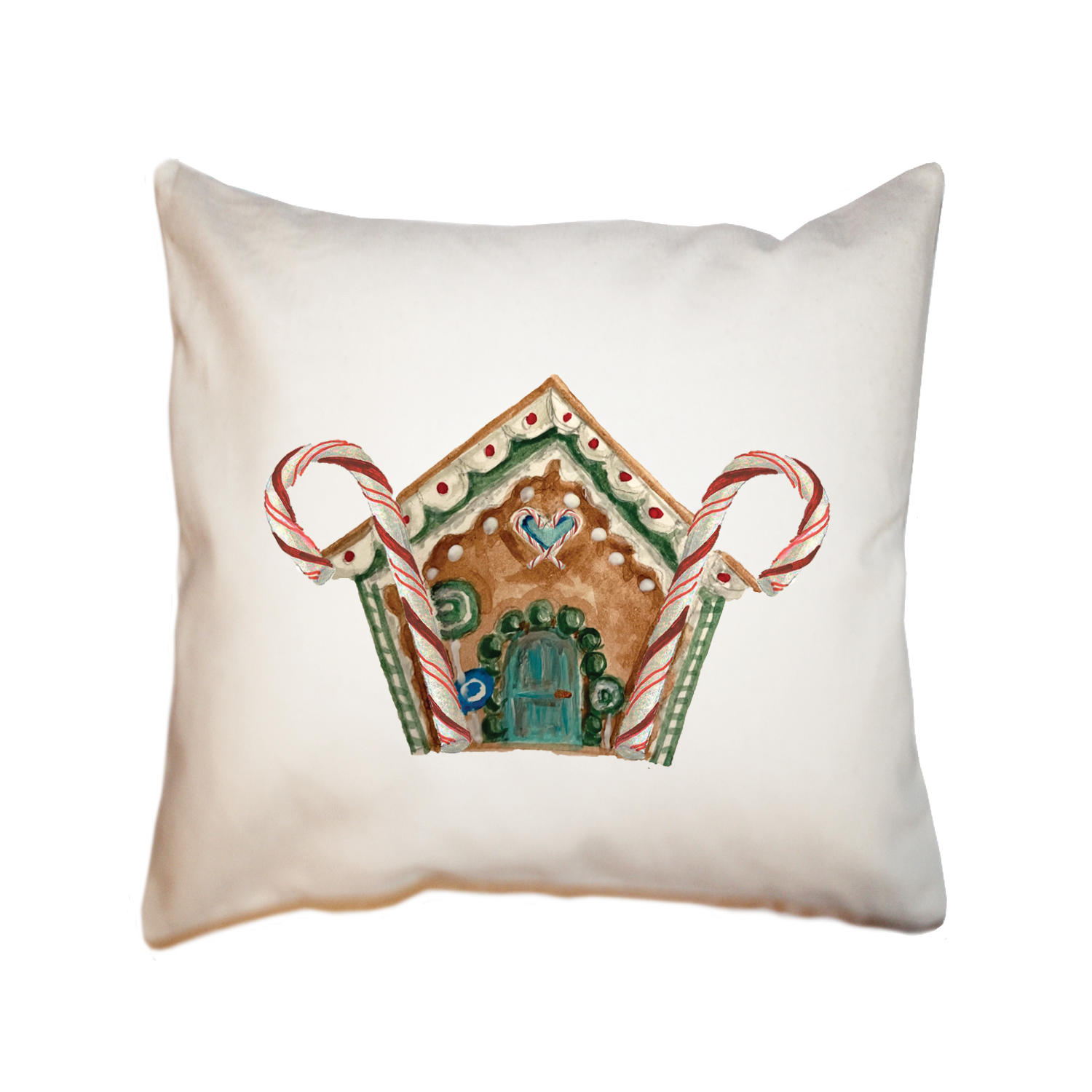 gingerbread house with candy cane square pillow