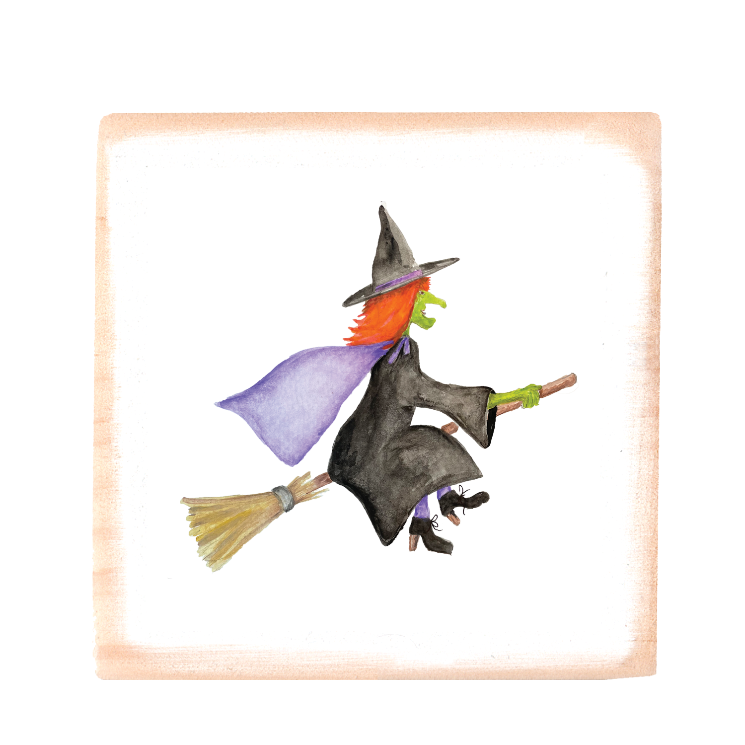 witch flying square wood block