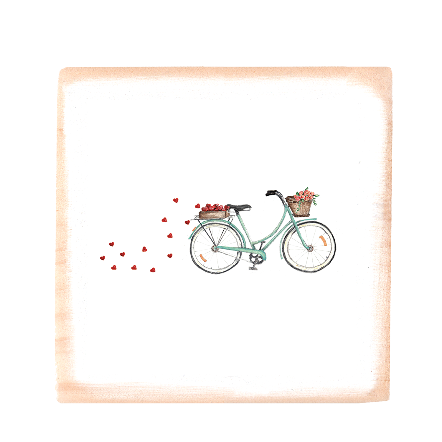 bike hearts flower square wood block