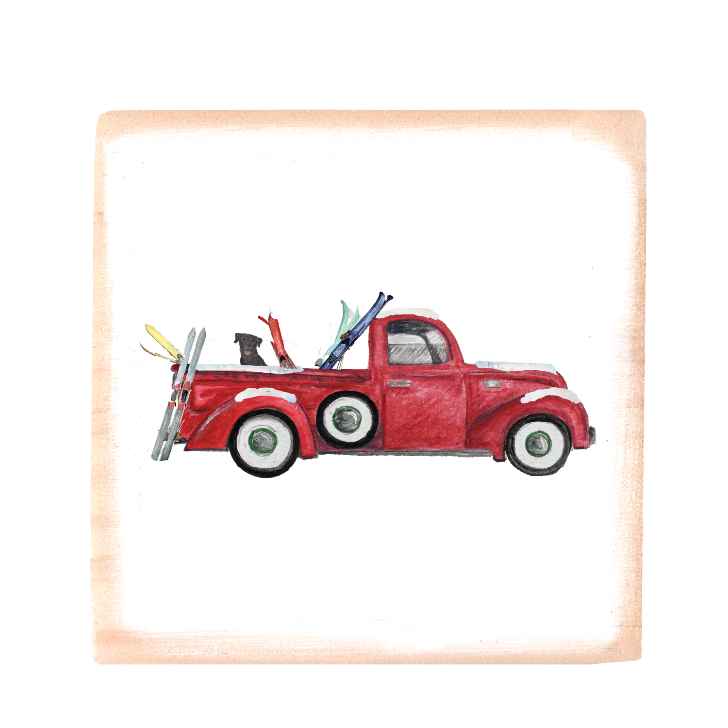 red truck with skis square wood block