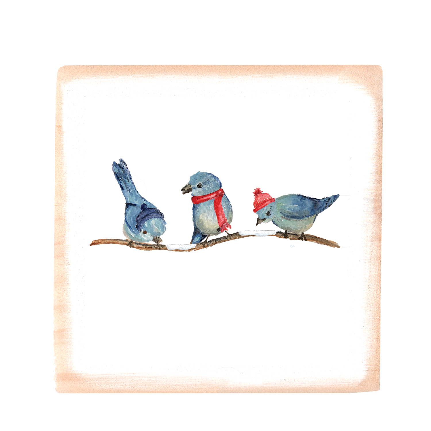 three bluebirds winter square wood block