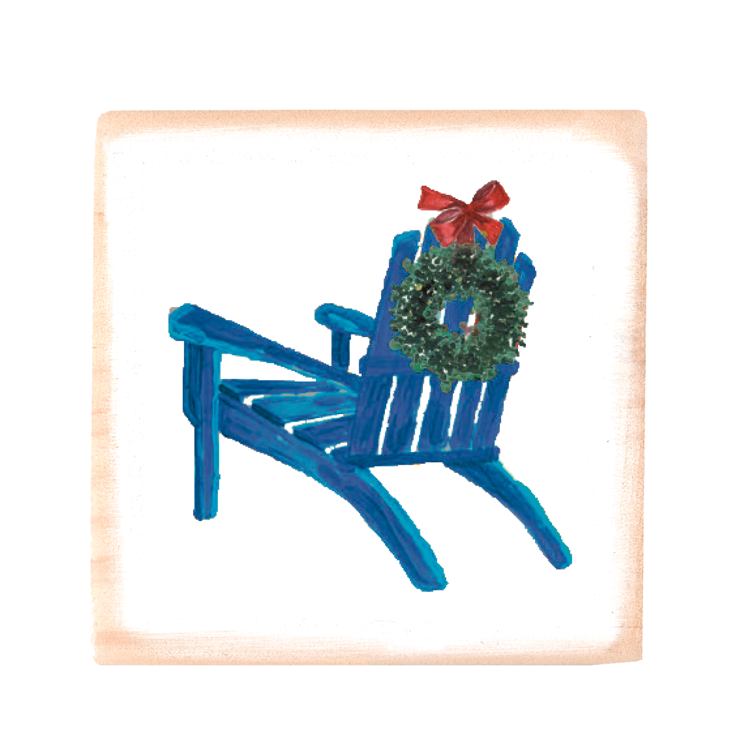 blue chair and wreath square wood block