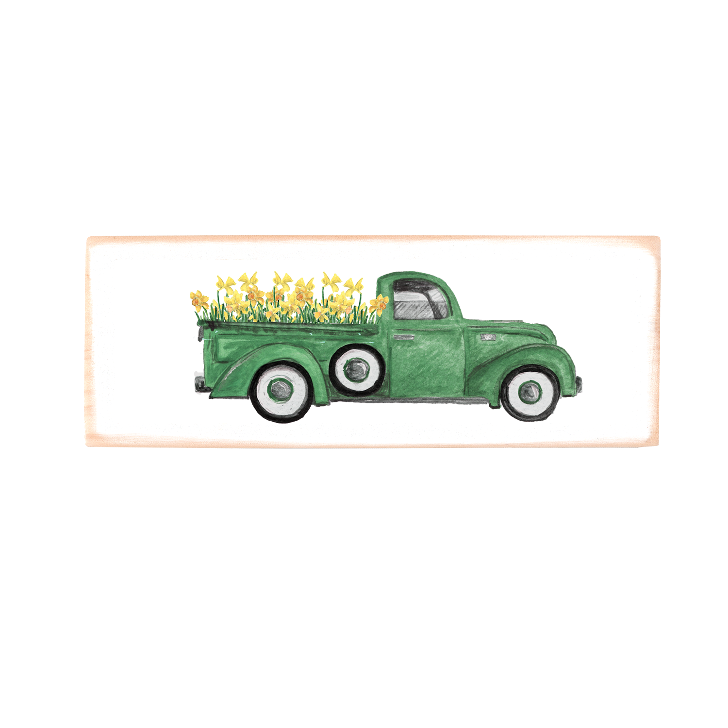 green truck with daffodils rectangle wood block