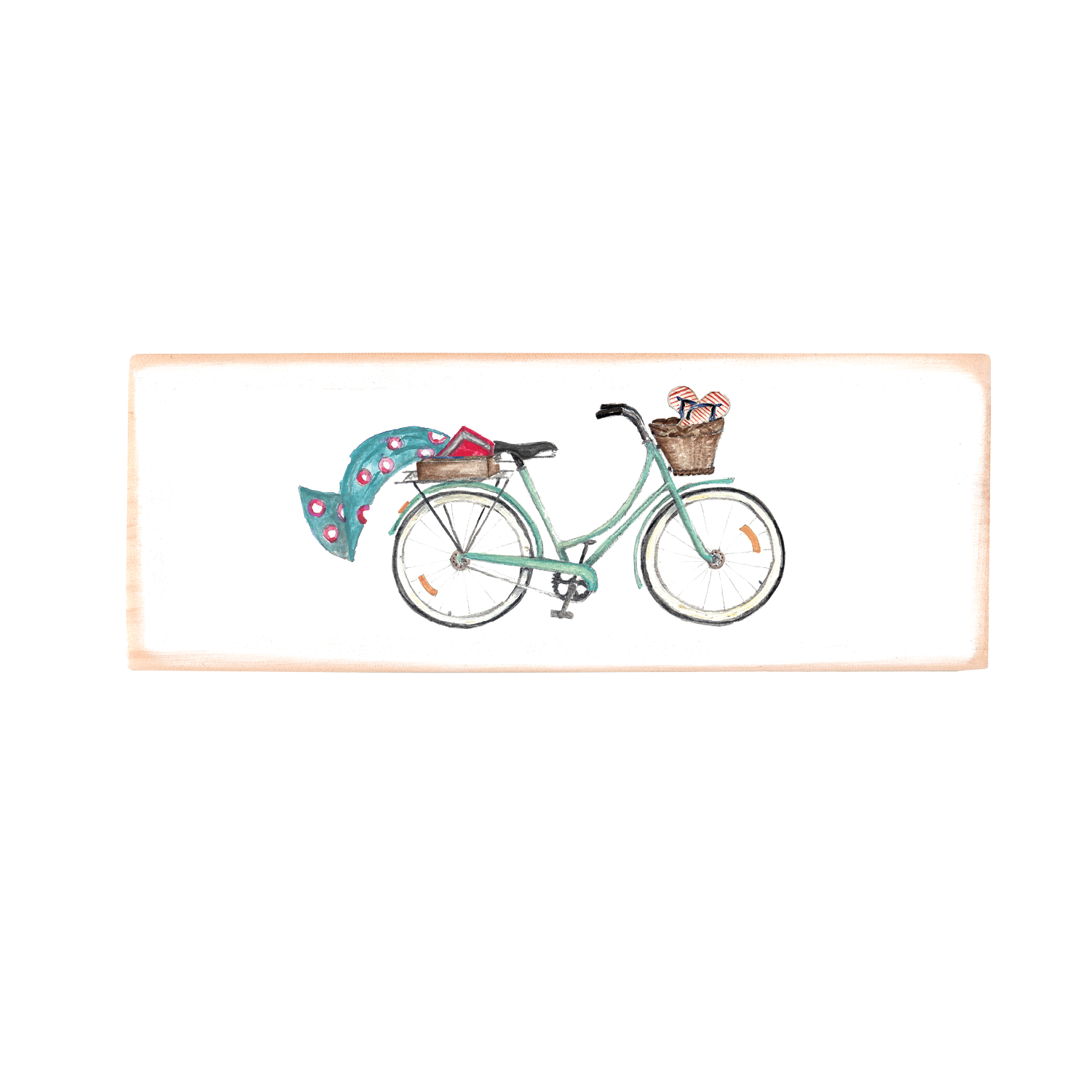 seafoam beach bike + turquoise towel rectangle wood block