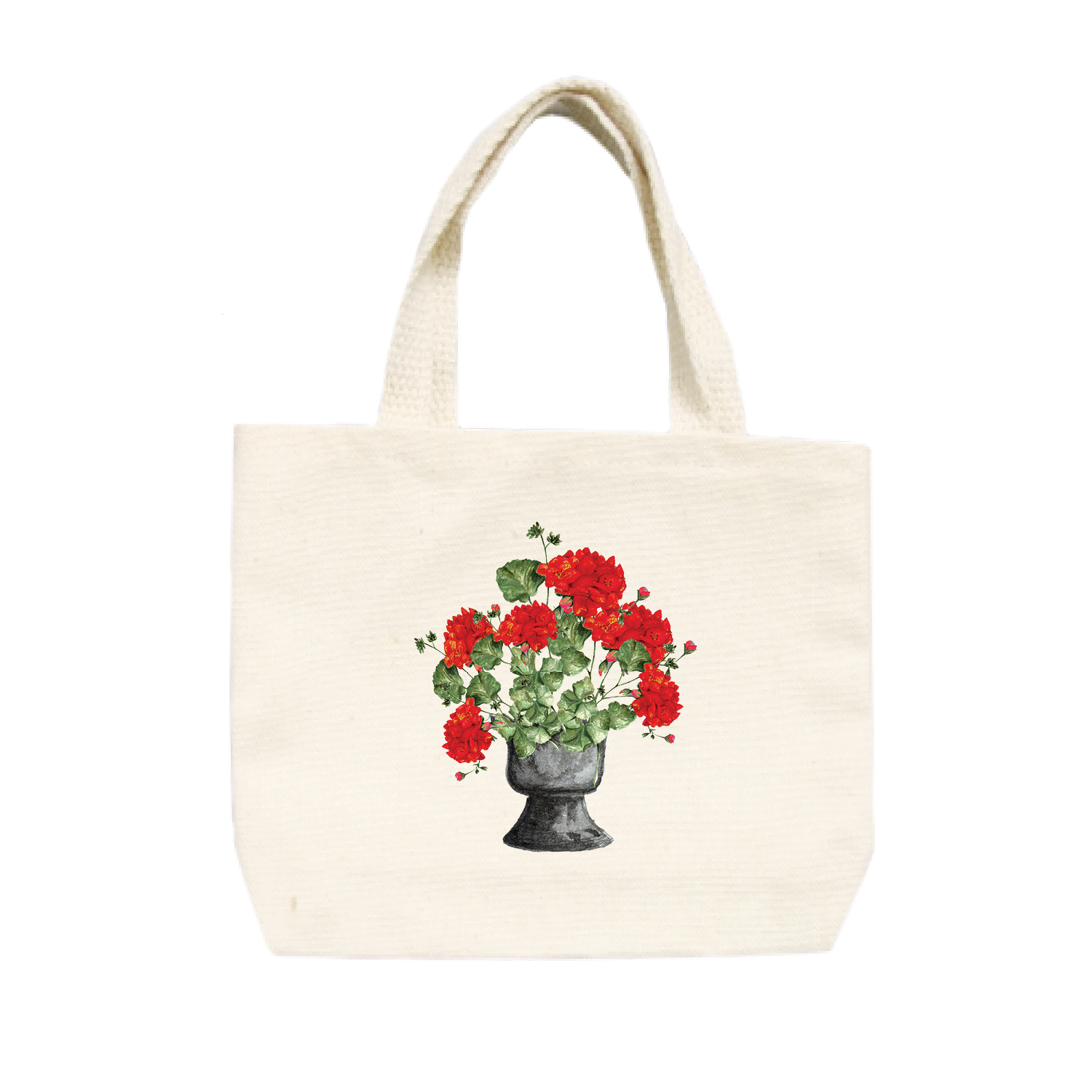 red geraniums in black pot small tote