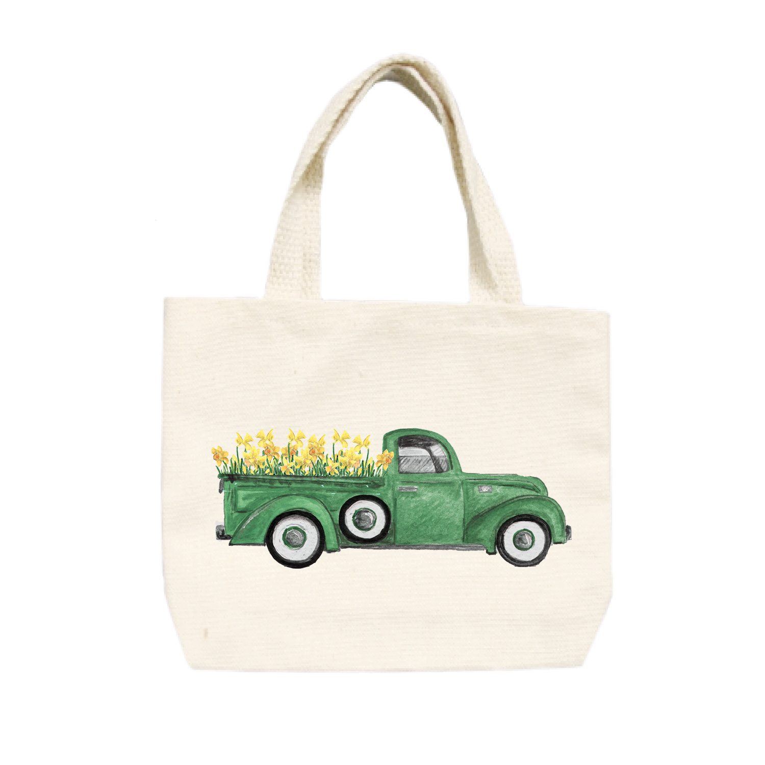 green truck with daffodils small tote