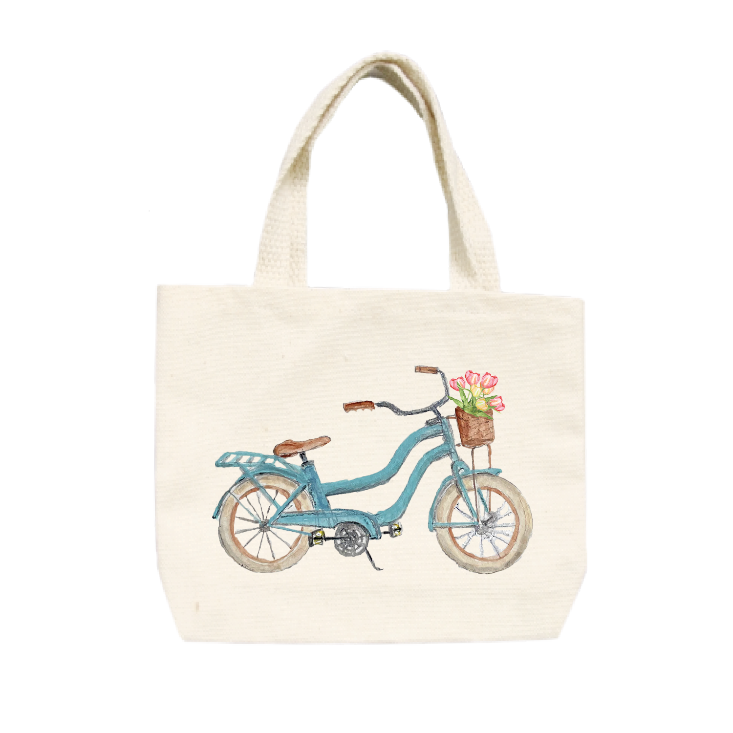 light blue beach bike with tulips small tote