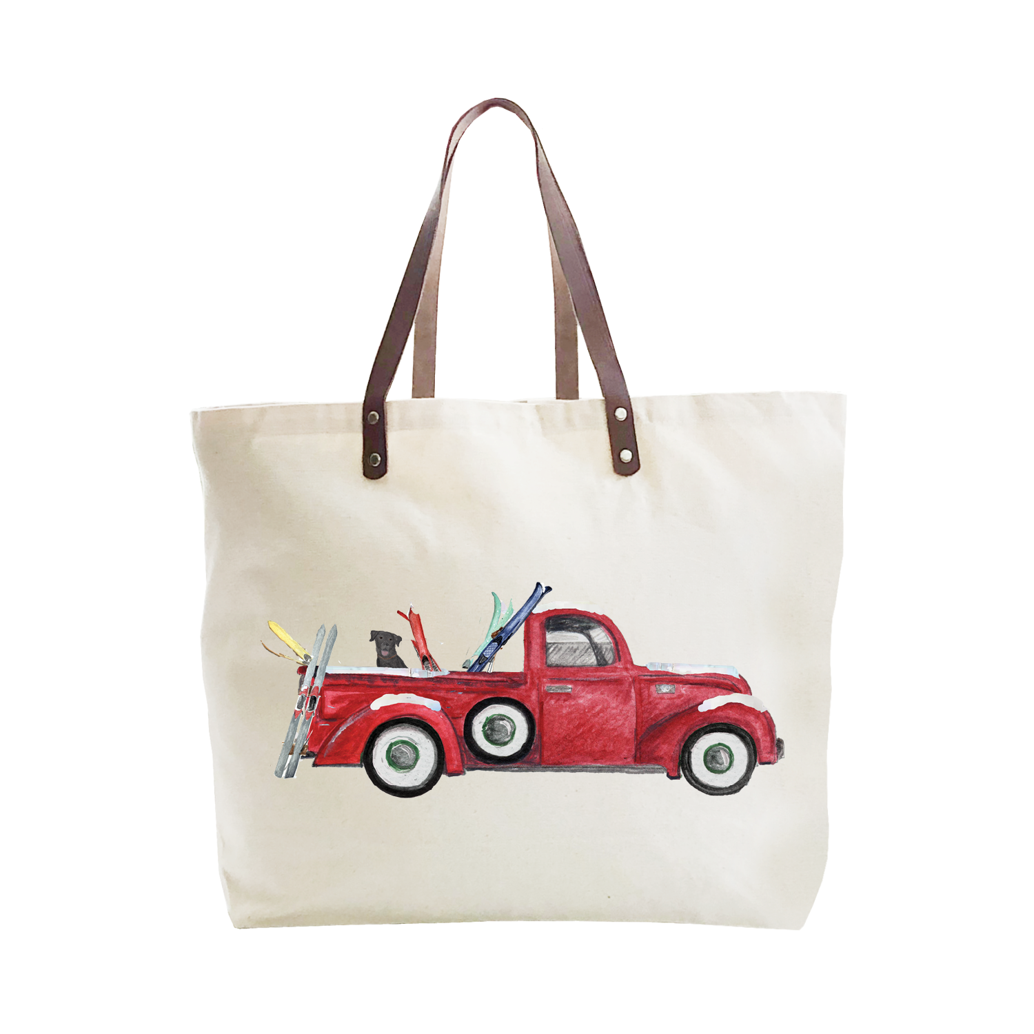 red truck with skis large tote