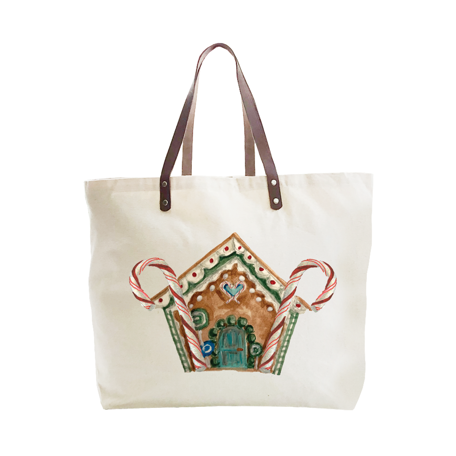 gingerbread house with candy cane large tote