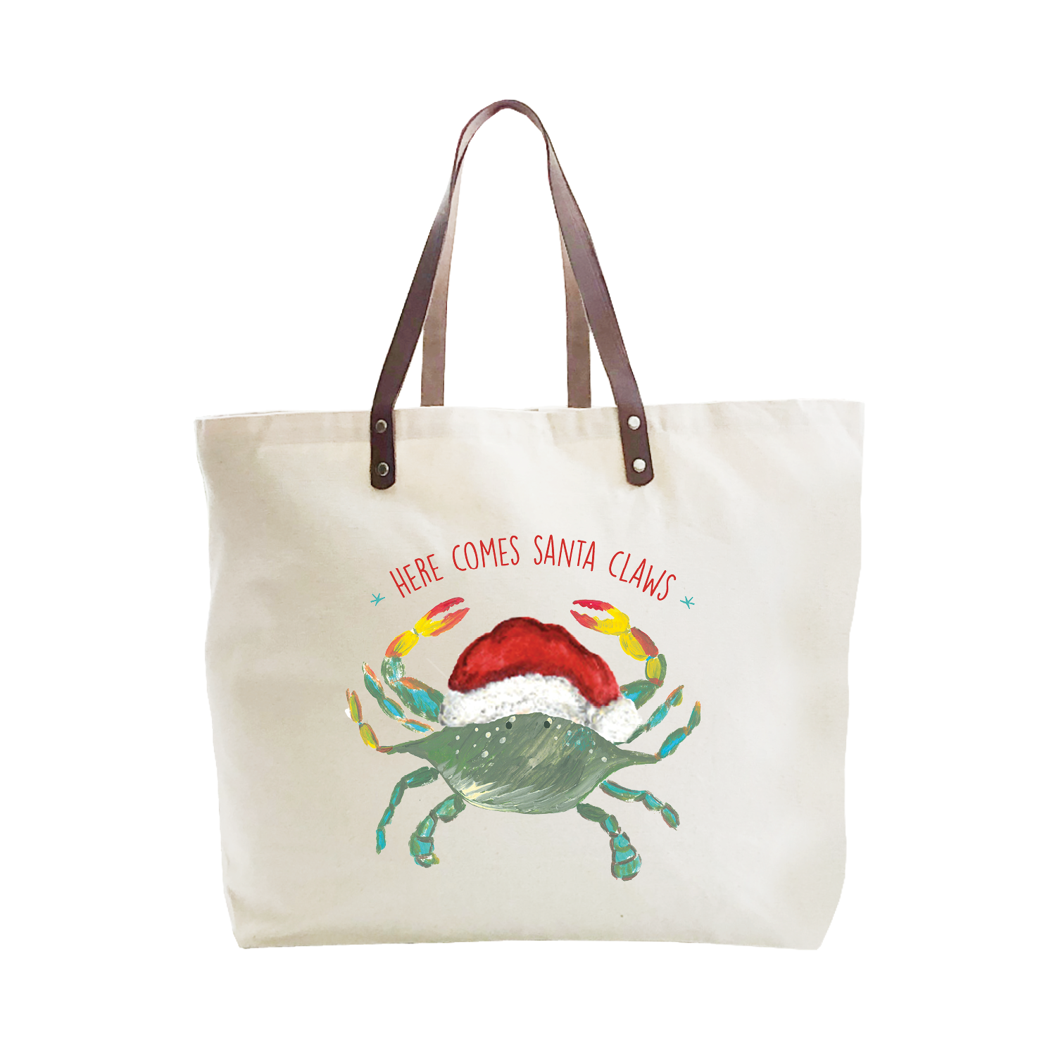here comes santa claws large tote