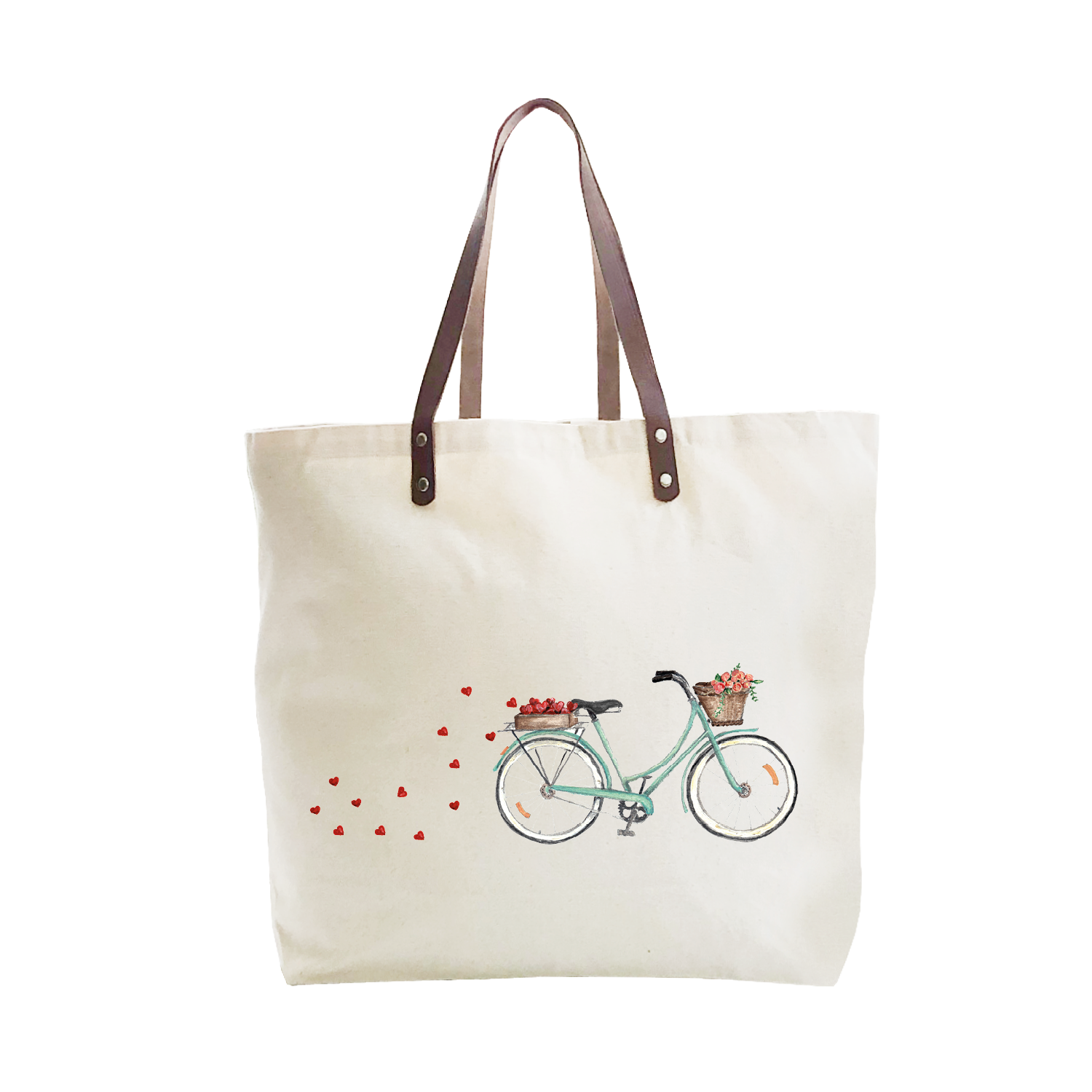 seafoam bike with hearts + roses large tote