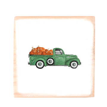 truck with pumpkins square wood block