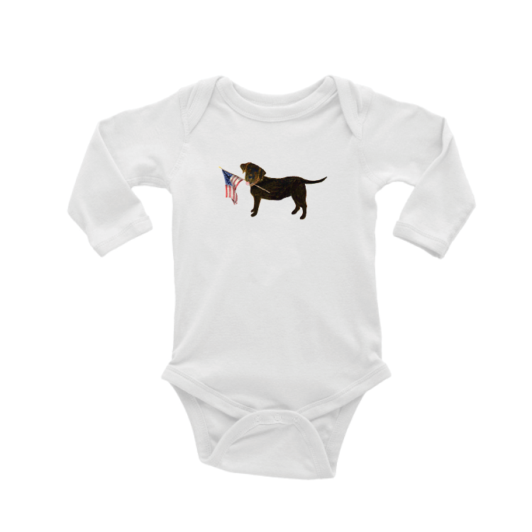 chocolate lab + flag baby snap up long sleeve