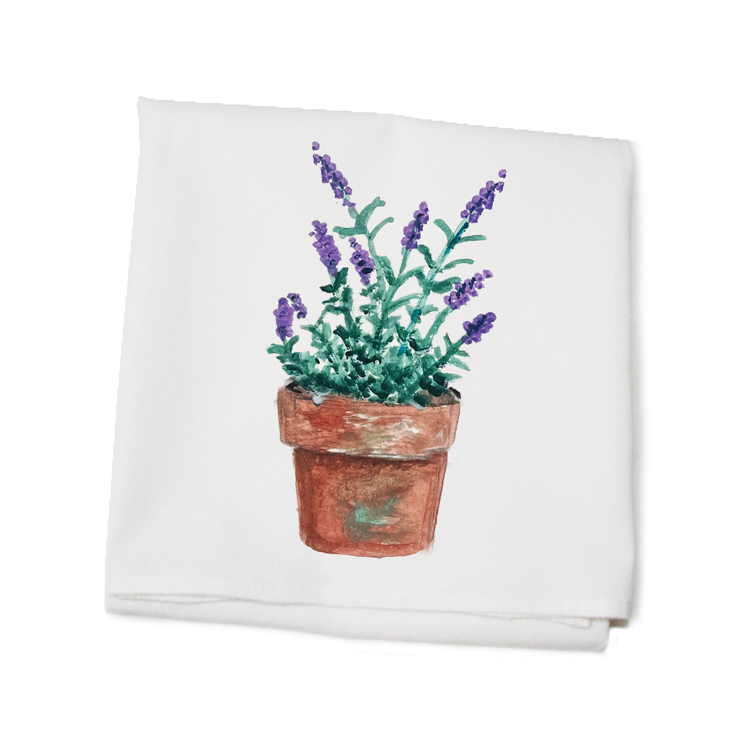 lavender in pot flour sack towel