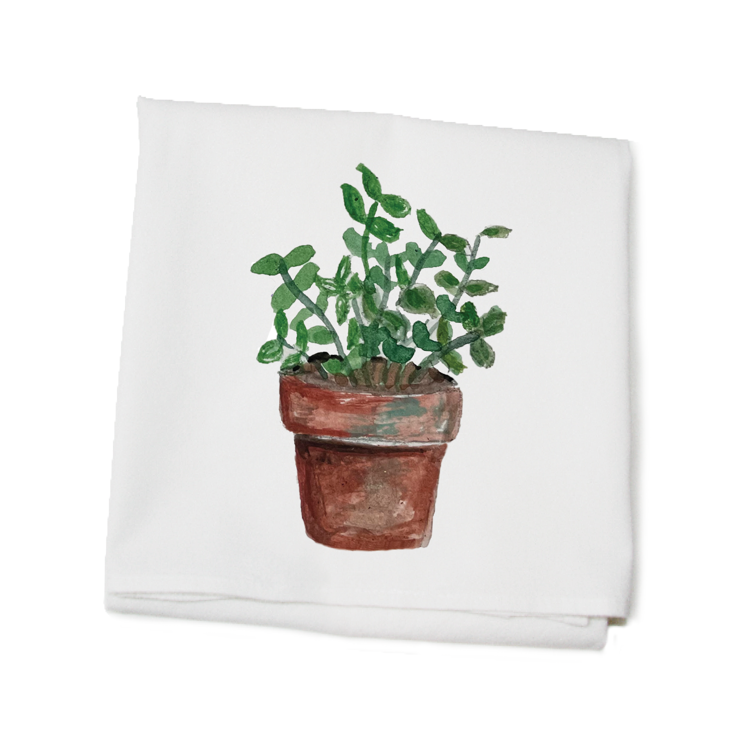 mint in pot flour sack towel