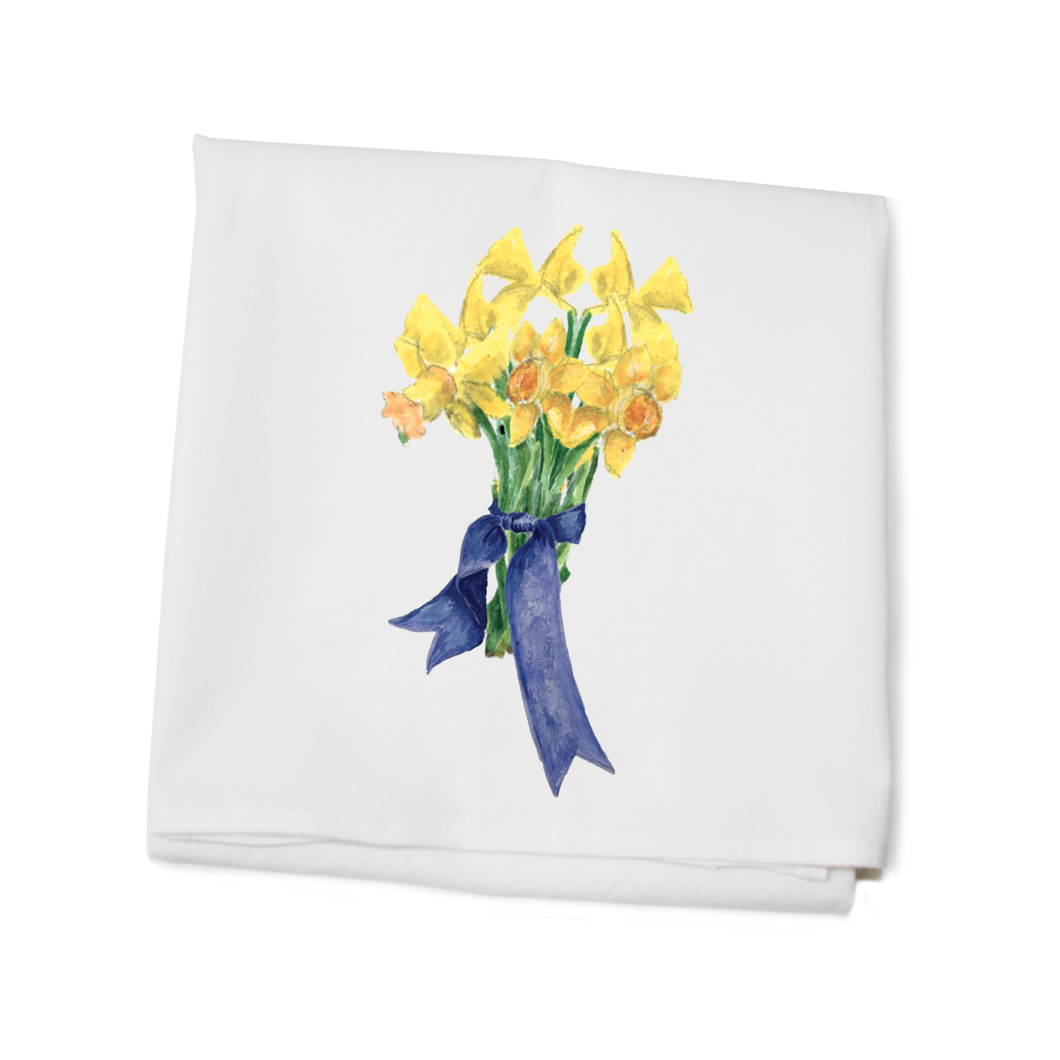 daffodils with blue ribbon flour sack towel