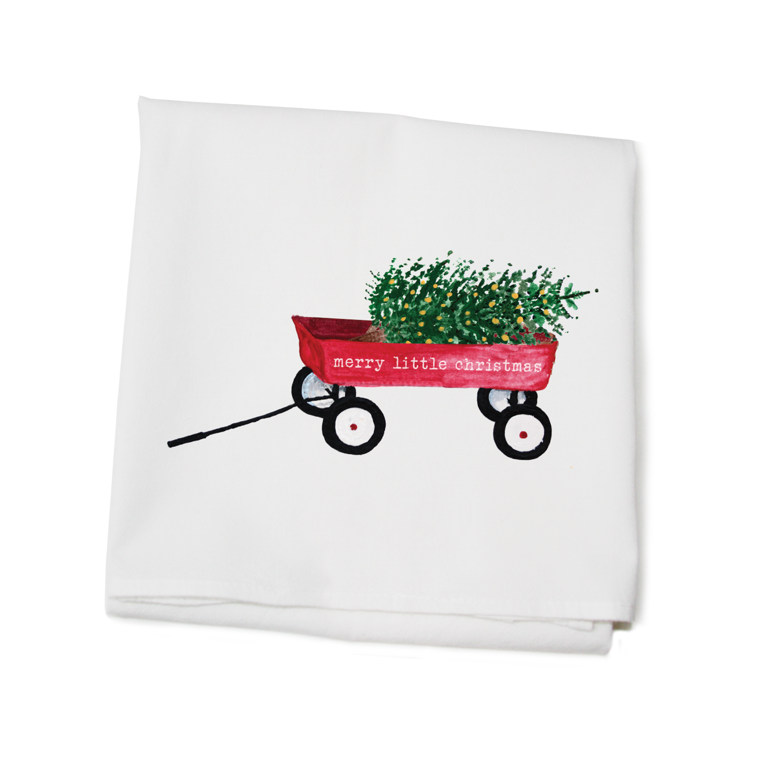 red wagon with tree and text flour sack towel