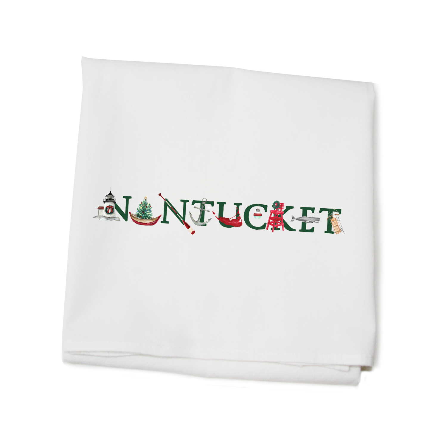 nantucket holiday with green text flour sack towel