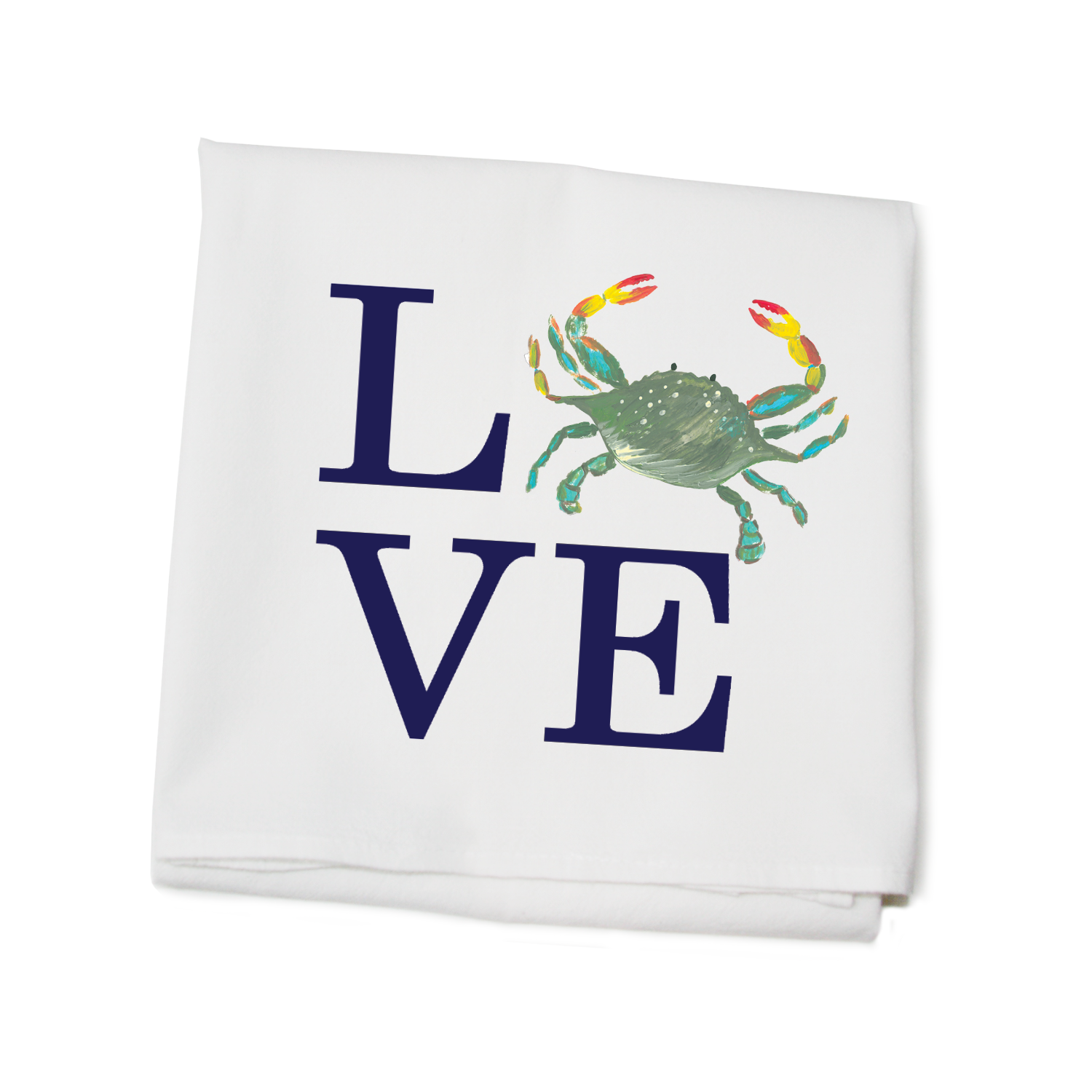 love crab with navy flour sack towel