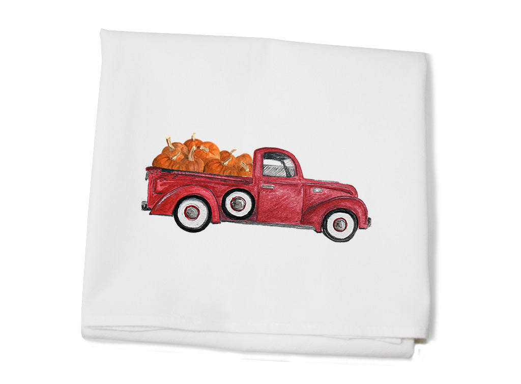 red truck with pumpkins flour sack towel
