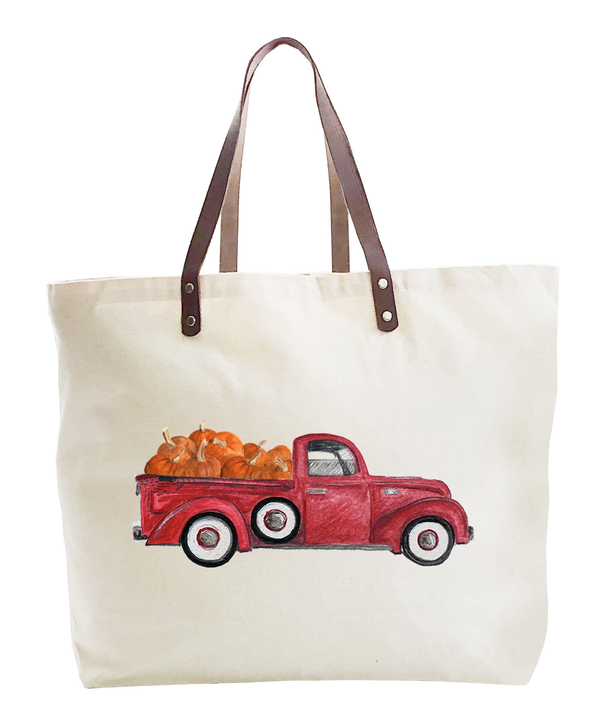 red truck with pumpkins large tote