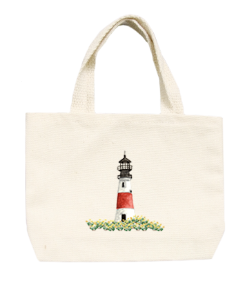 sankaty lighthouse with daffodils in front. small tote