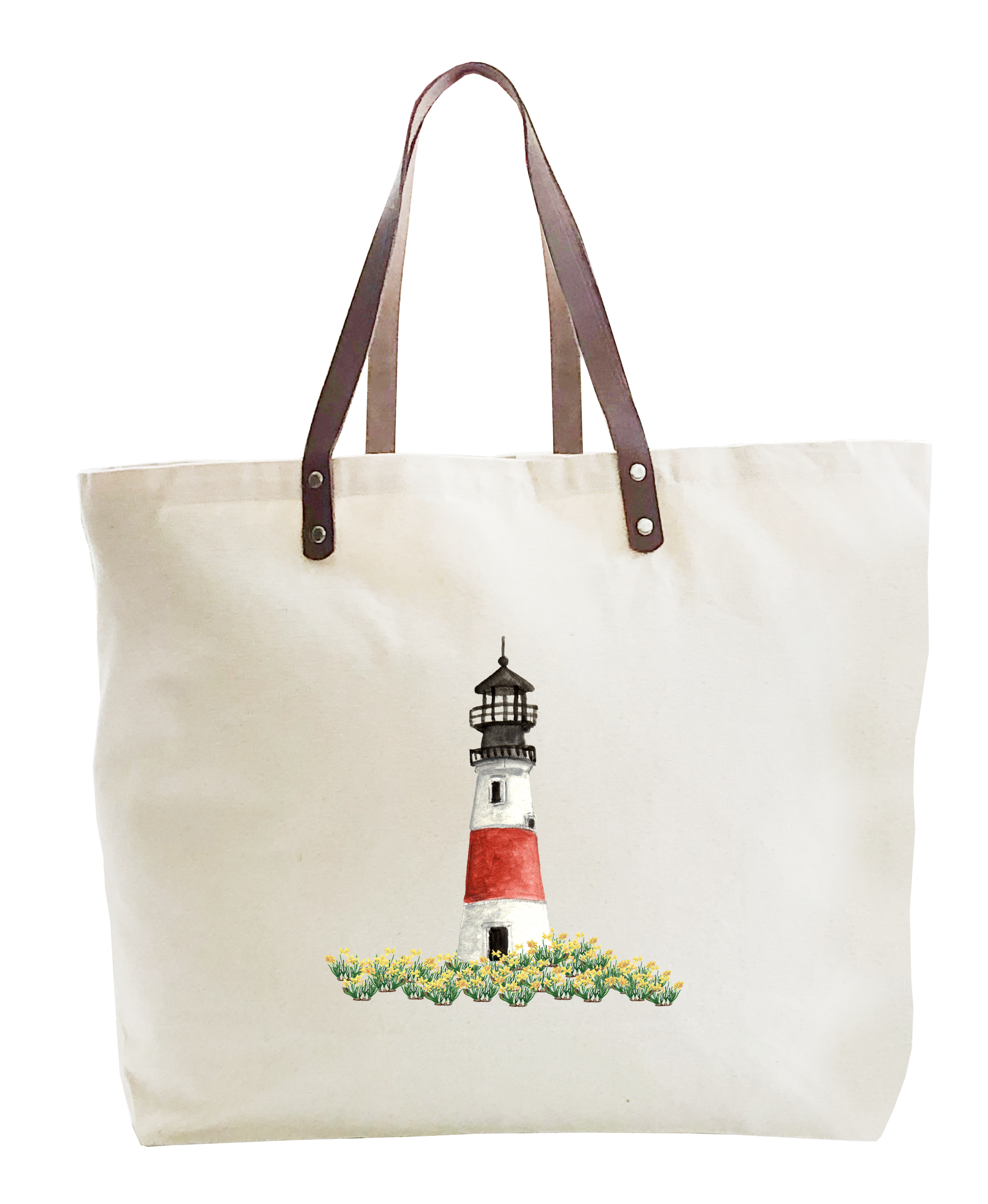 sankaty lighthouse with daffodils in front. large tote