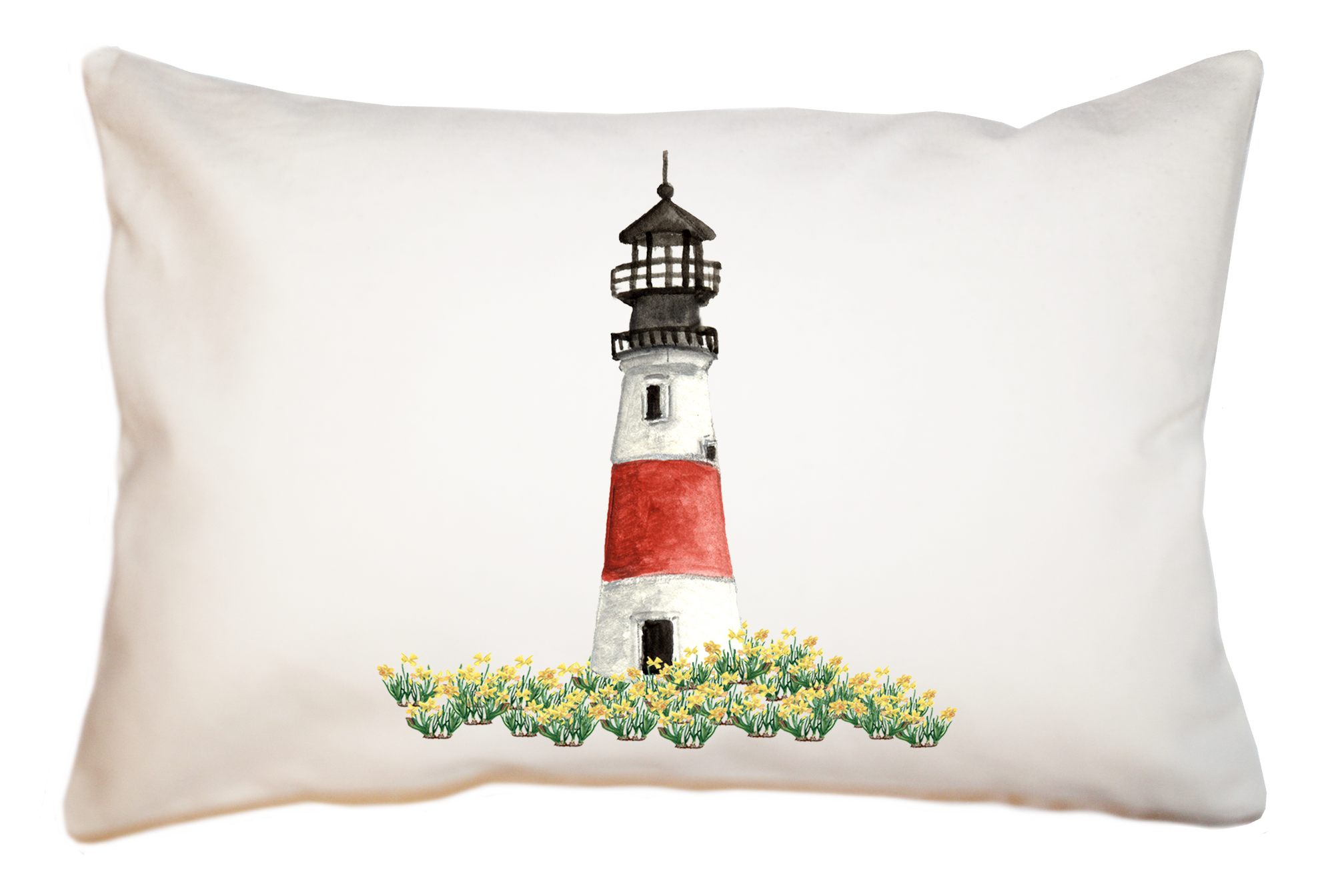 sankaty lighthouse with daffodils in front. large rectangle pillow