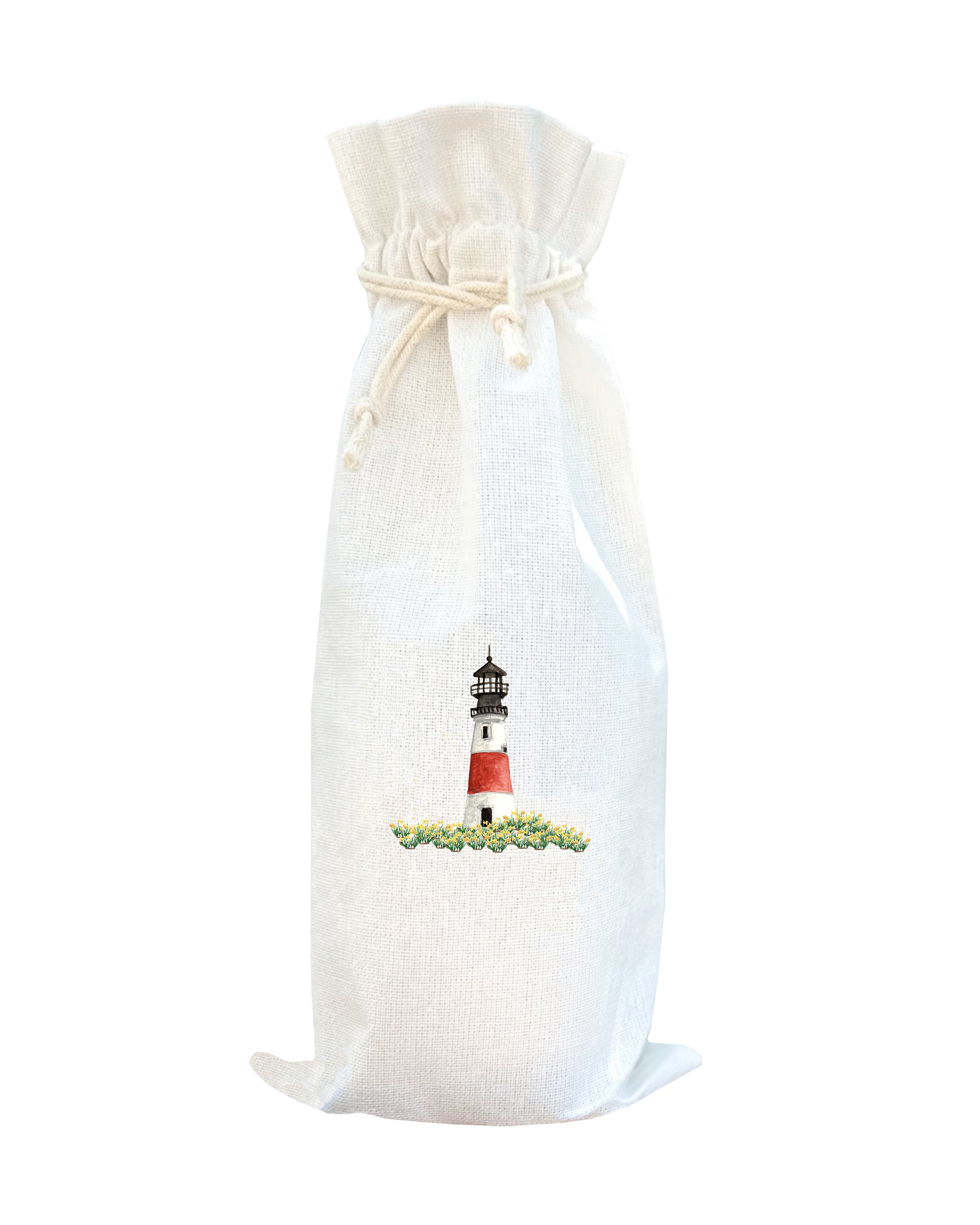 sankaty lighthouse with daffodils in front. wine bag