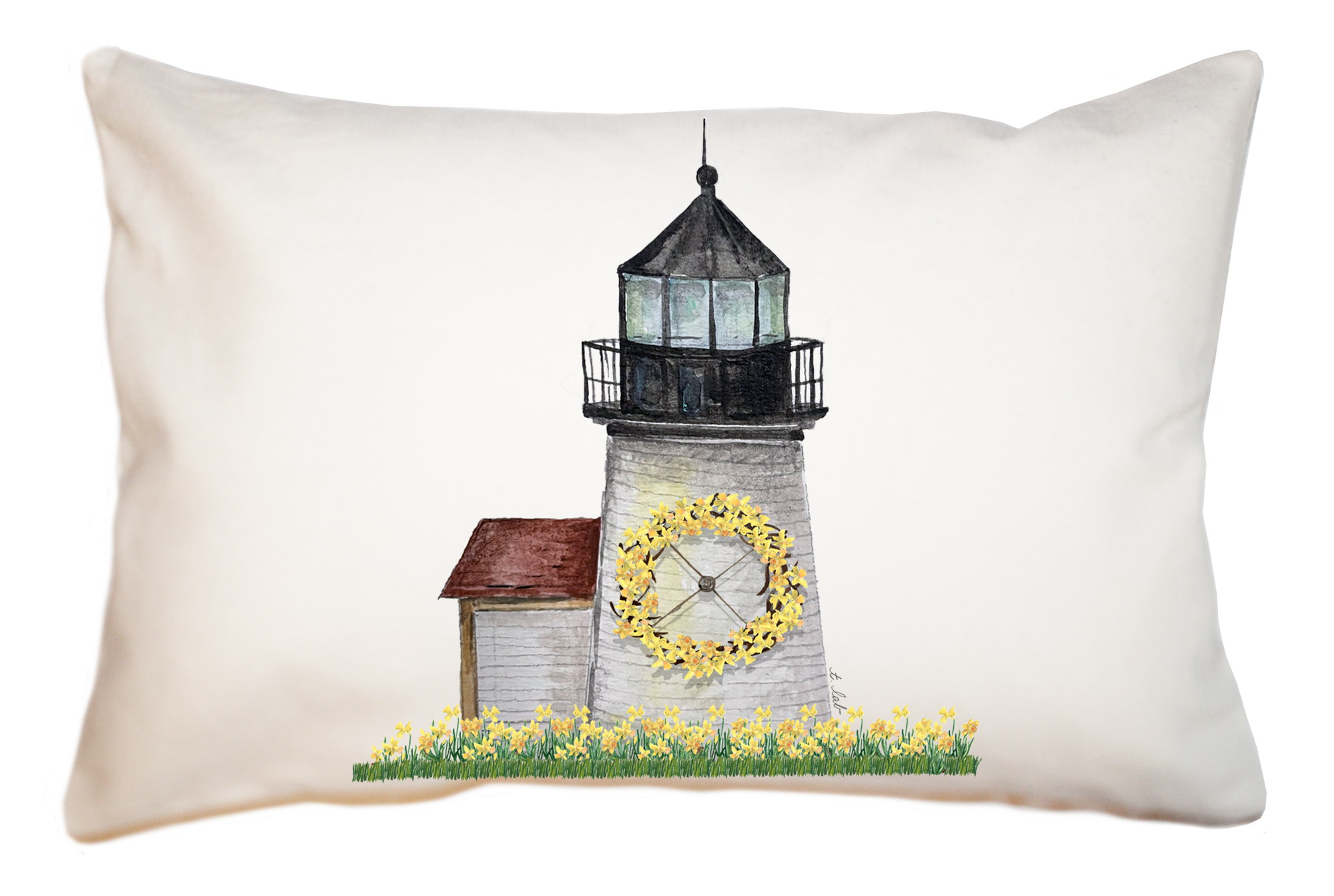 brant point lighthouse with daffodils large rectangle pillow