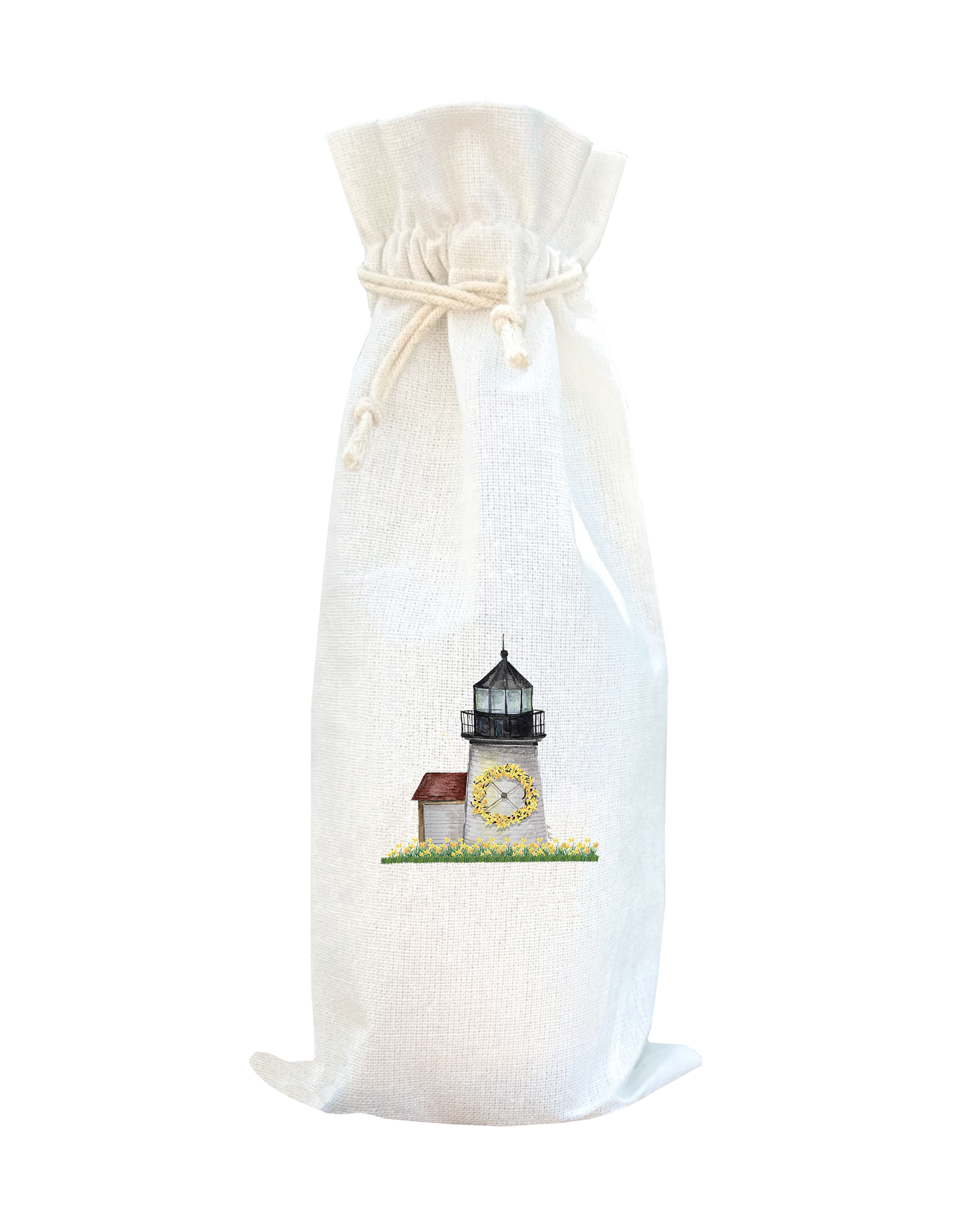 brant point lighthouse with daffodils wine bag