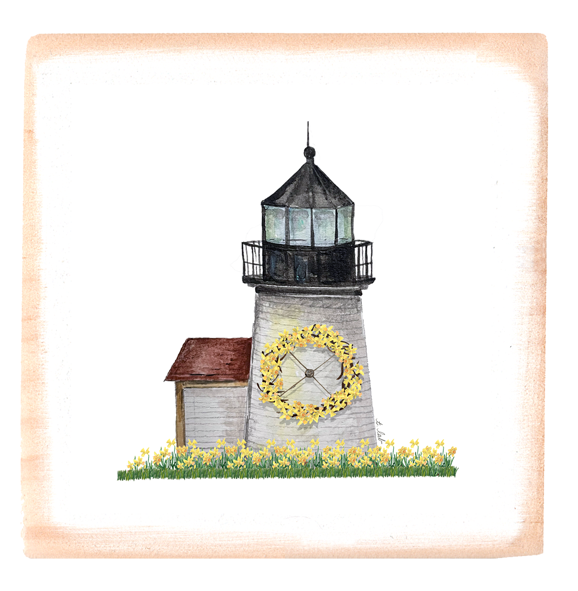 brant point lighthouse with daffodils square block