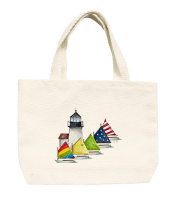 brant point lighthouse with rainbow fleet small tote