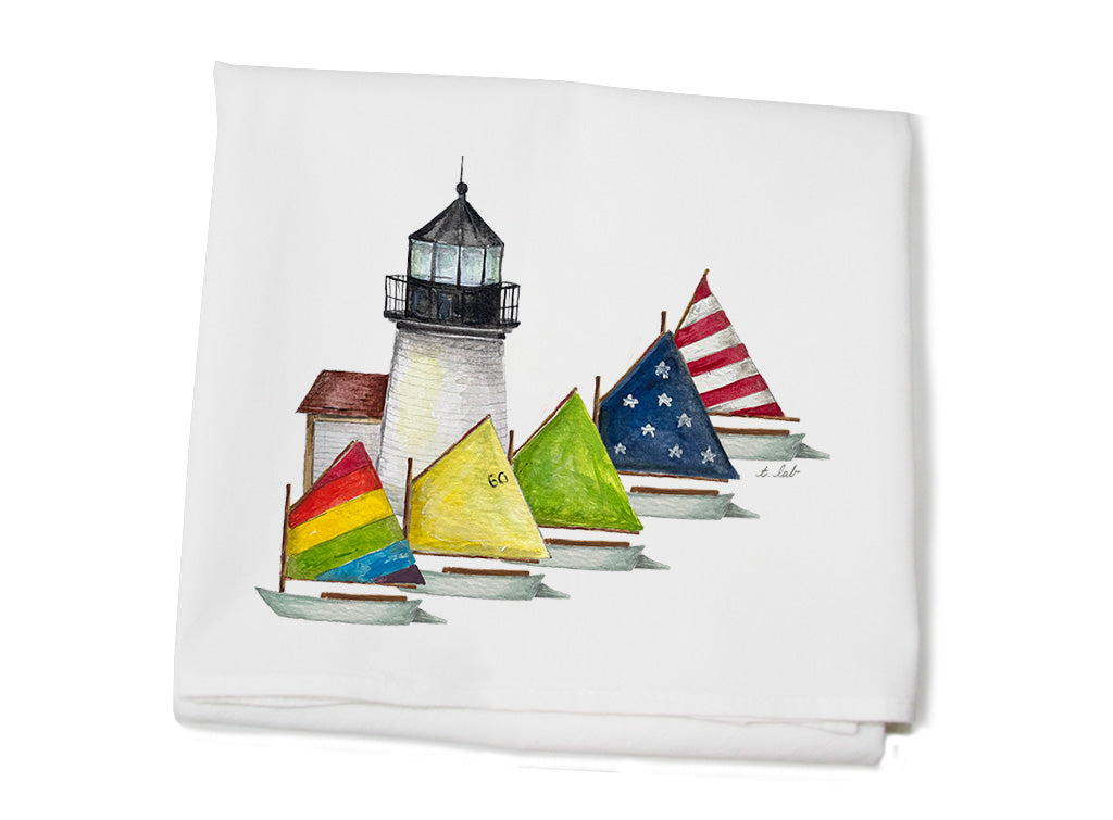 brant point lighthouse with rainbow fleet flour sack towel