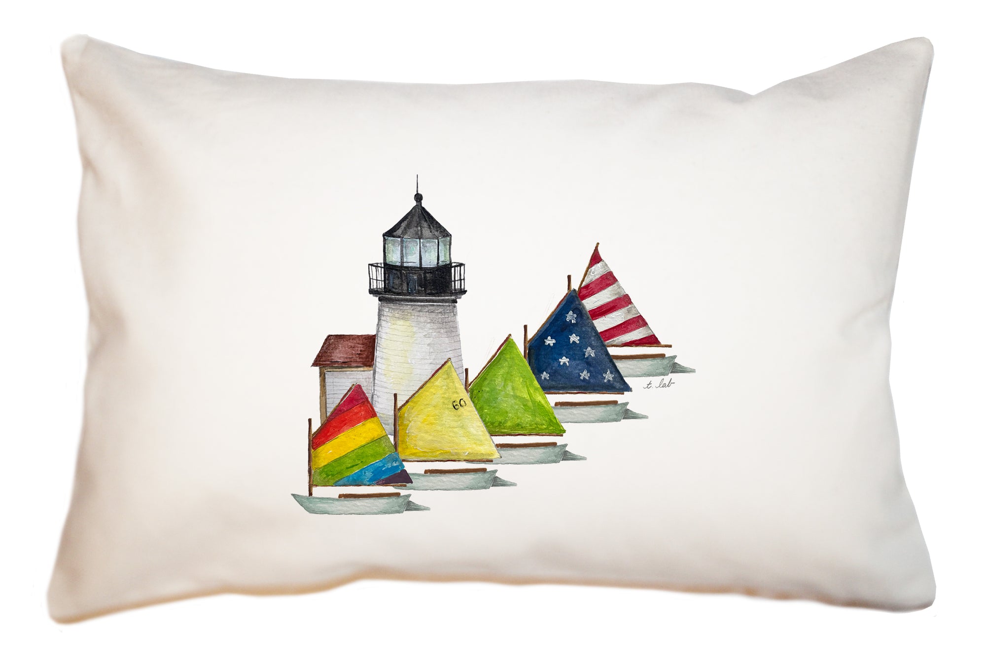 brant point lighthouse with rainbow fleet large rectangle pillow