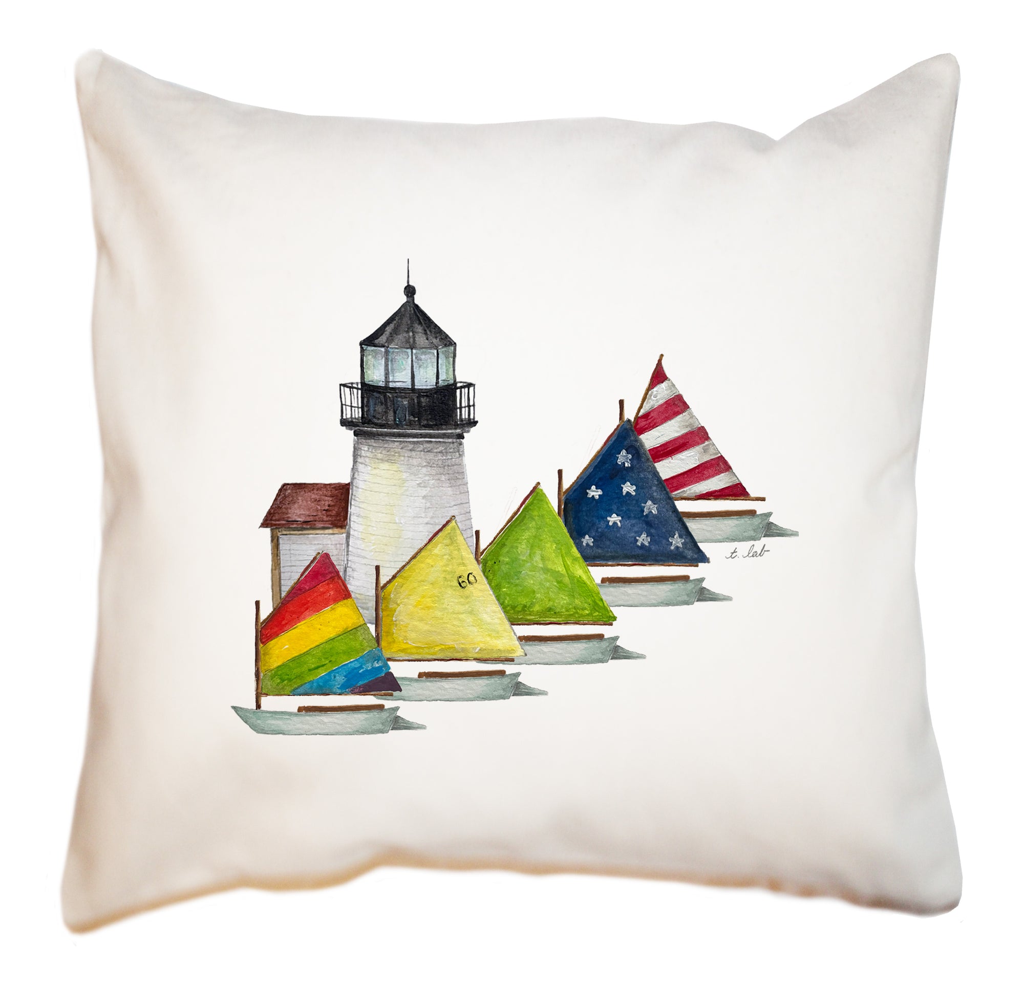 brant point lighthouse with rainbow fleet square pillow