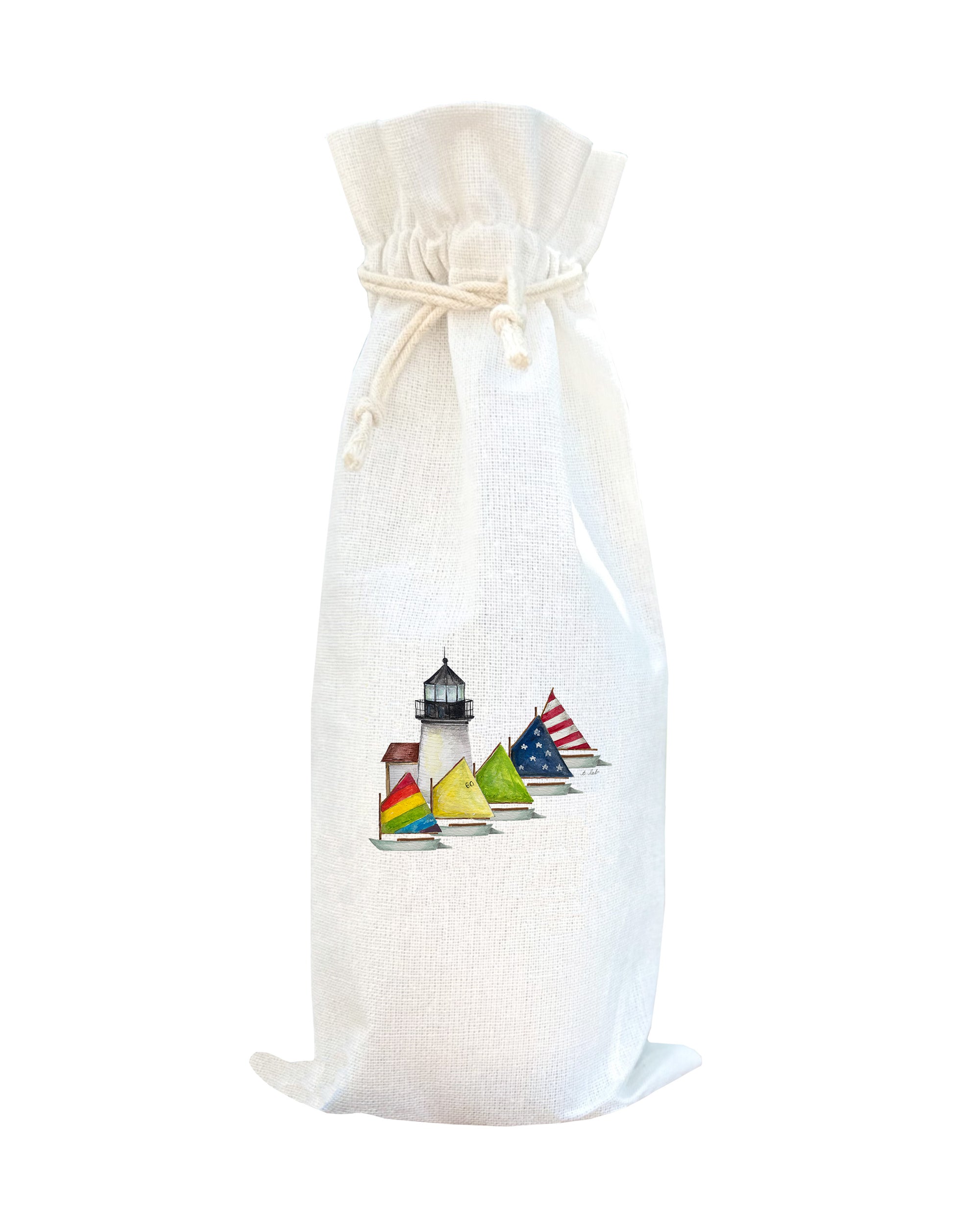 brant point lighthouse with rainbow fleet wine bag