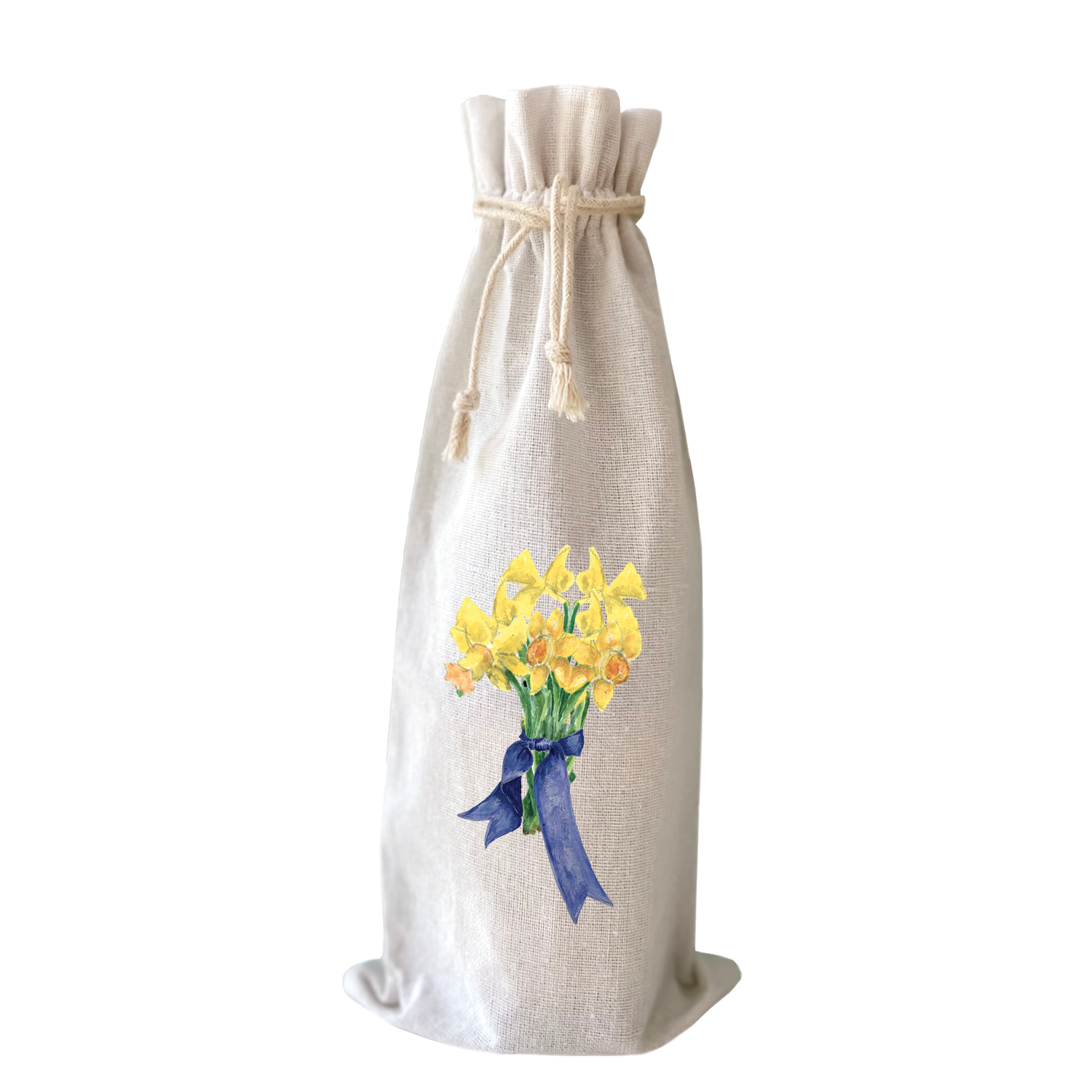 daffodils with blue ribbon wine bag