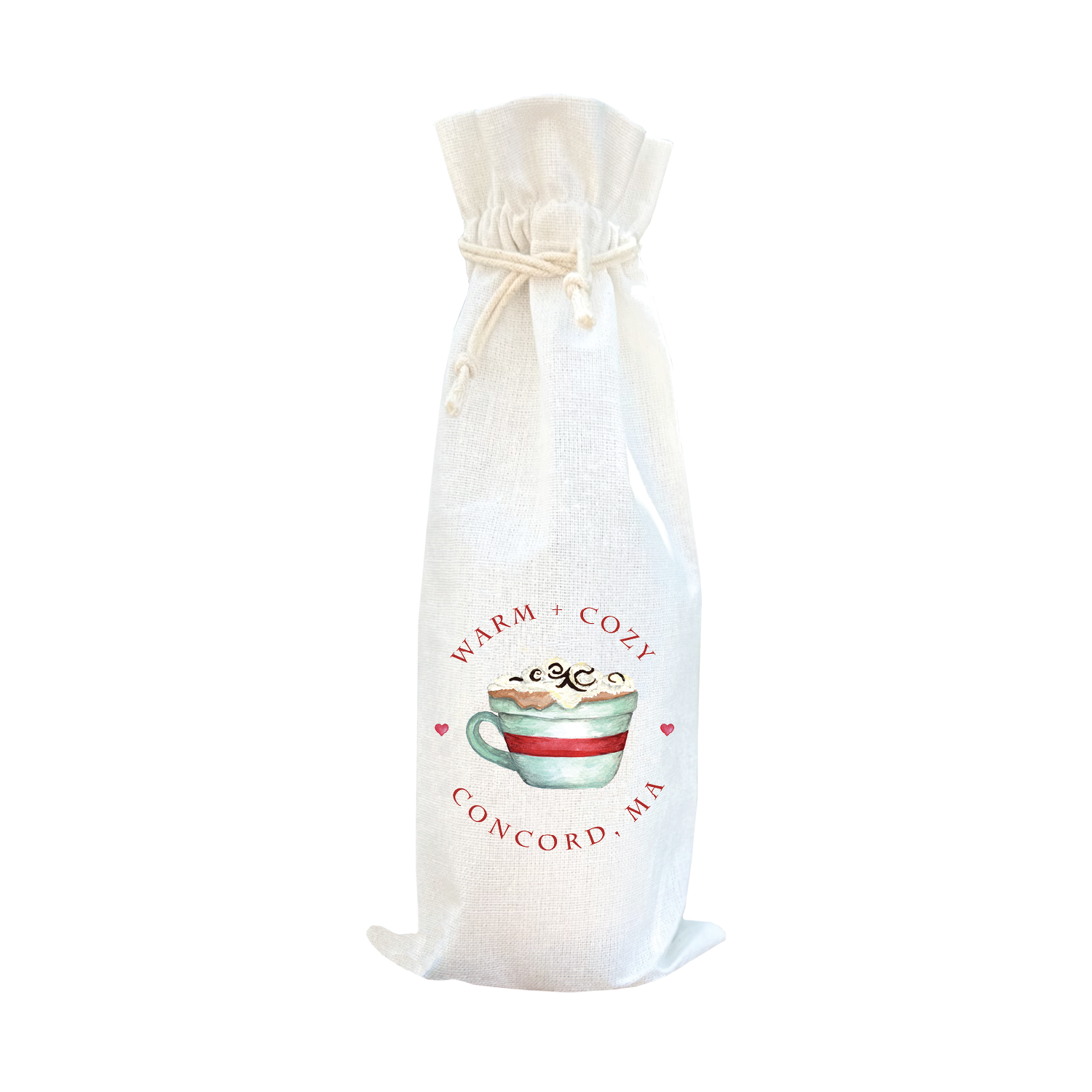 warm and cozy cocoa cup with town wine bag