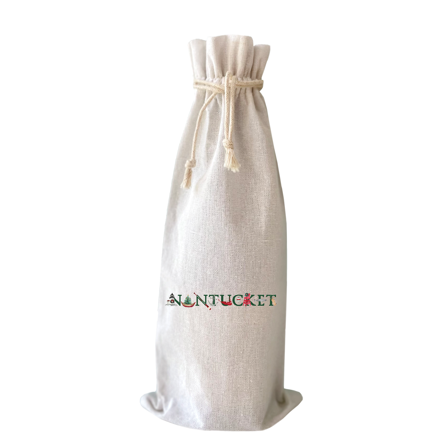 nantucket holiday with green text wine bag