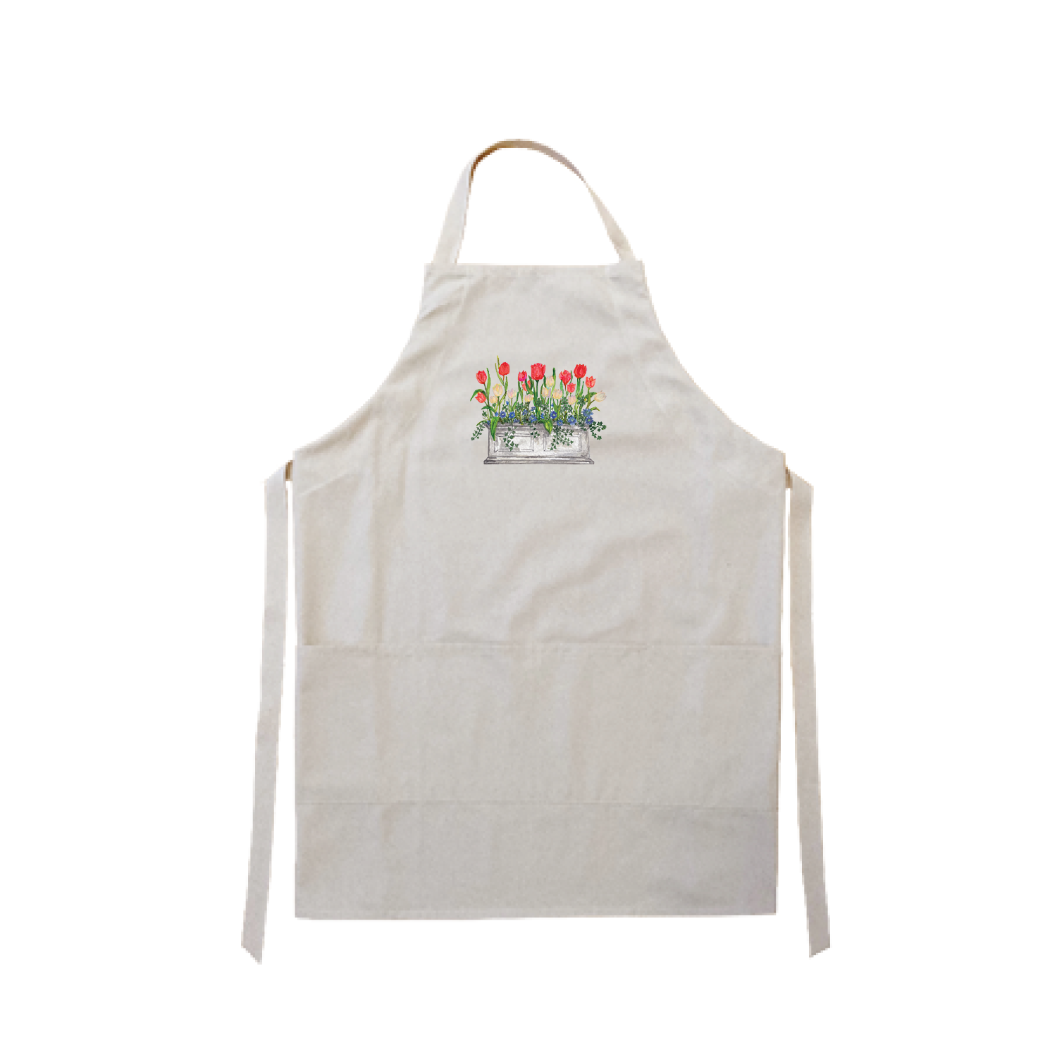 red white and blue tulips in window box apron